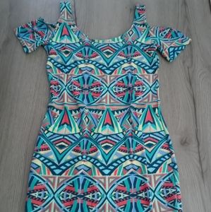 Abstract Open Shoulder Mini Dress